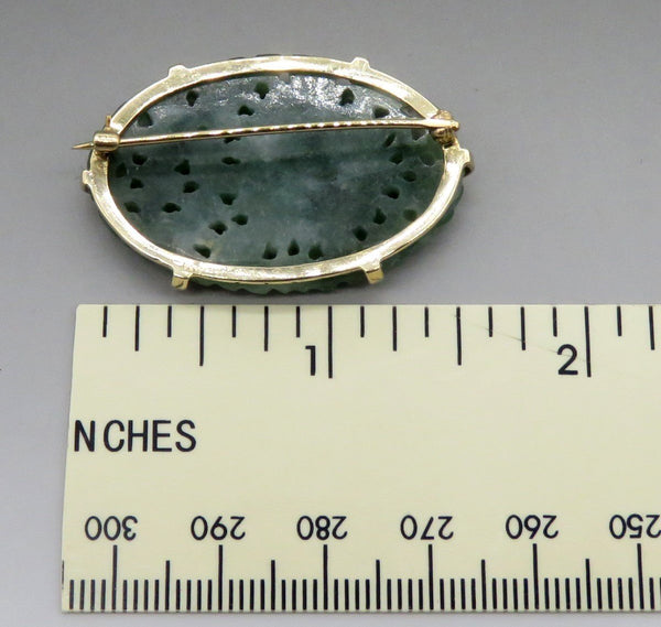 Vintage 14K Yellow Gold Hand Carved Natural Jade Stone Flower Oval Brooch Pin