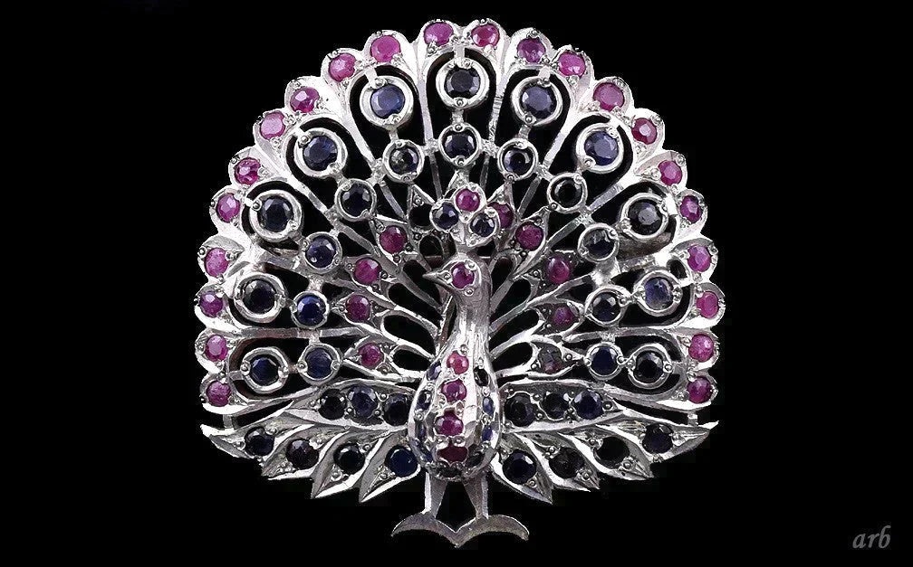 Dazzling Antique Silver Blue Sapphire and Ruby Peacock Pin Pendant