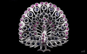 Dazzling Antique Silver Blue Sapphire and Ruby Peacock Pin Pendant