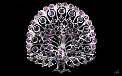 Dazzling Antique Silver Blue Sapphire and Ruby Peacock Pin Pendant