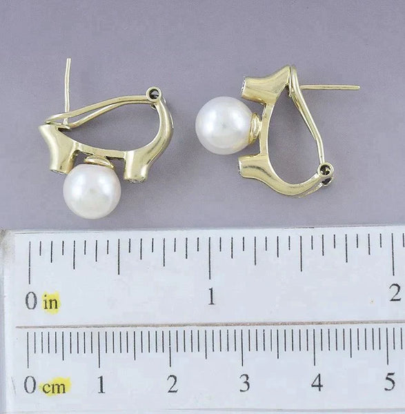 Nice Quality Pair 14K Yellow Gold Pearl Diamond Huggie Earrings