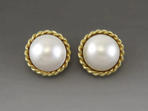 Gorgeous 18K Yellow Gold & Mabe Pearl Omega Back Statement Earrings