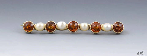 Dazzling Antique Victorian 14k Yellow Gold Bar Pin Orange Citrine White Pearls