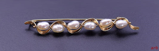 Beautiful 14k Yellow Gold Modern Pin / Brooch w/ Real Pearls in Wavy Form