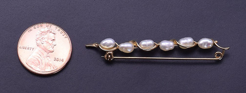Beautiful 14k Yellow Gold Modern Pin / Brooch w/ Real Pearls in Wavy Form