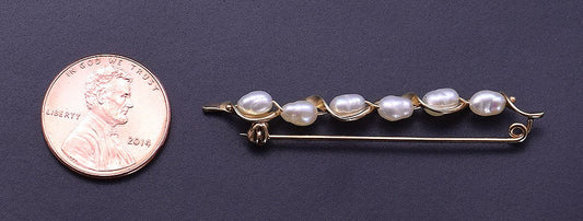Beautiful 14k Yellow Gold Modern Pin / Brooch w/ Real Pearls in Wavy Form