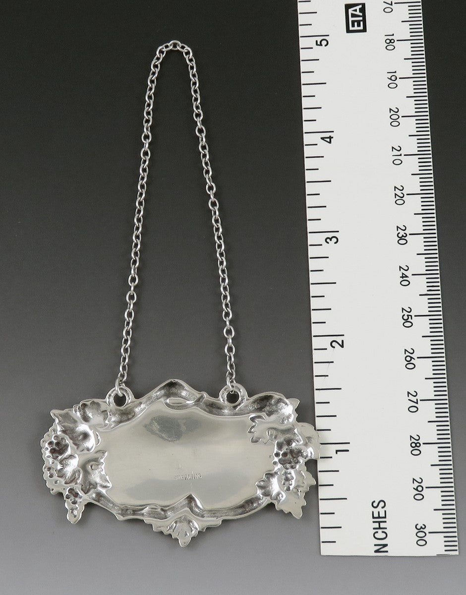 Antique c1900 American Sterling Silver Grape Leaf 'PORT' Liquor Bottle Label Tag