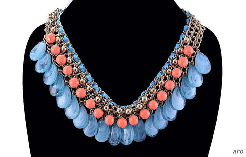 Attractive Vintage Layered Necklace w/ Golden Chain, Coral-color and Aqua Beads