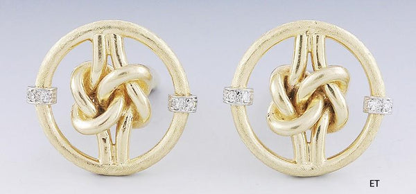 Classy Vtg Pair 14k Gold & Diamond Wheel Knots Cufflinks