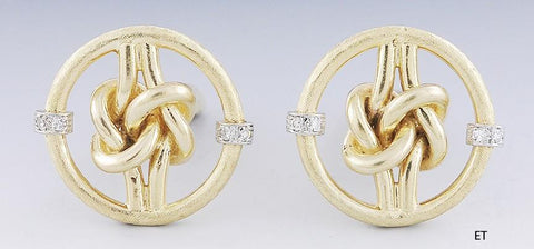 Classy Vtg Pair 14k Gold & Diamond Wheel Knots Cufflinks