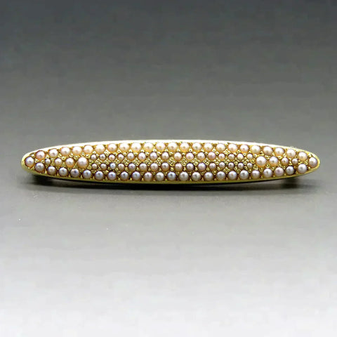 Antique c1910 Edwardian 14K Yellow Gold Natural Seed Pearl Bar Pin Brooch