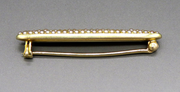 Antique c1910 Edwardian 14K Yellow Gold Natural Seed Pearl Bar Pin Brooch
