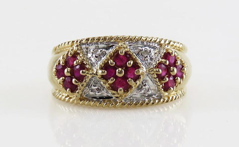 14k yellow gold natural ruby and diamond wide band ring, size 6.25.