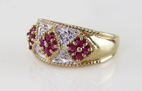 14K Yellow Gold Natural Ruby & Diamond Wide Band Ring Size 6.25