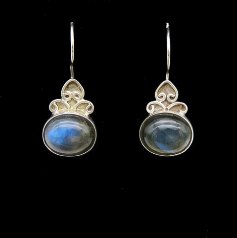 Pair Artisan Sterling Silver Labradorite Gemstone Cabochon Dangle Earrings