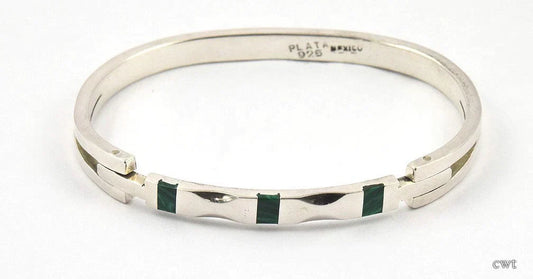 Gorgeous Vintage Sterling Silver and Malachite Stone Bangle Bracelet Mexico