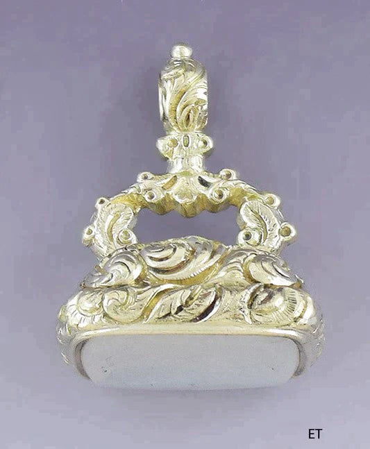 c1830s-1880s Superb Victorian Gold Filled Chalcedony Seal Fob Wilson Crest