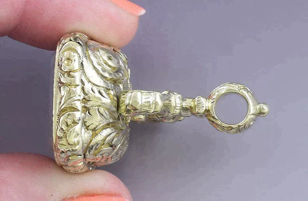 c1830s-1880s Superb Victorian Gold Filled Chalcedony Seal Fob Wilson Crest