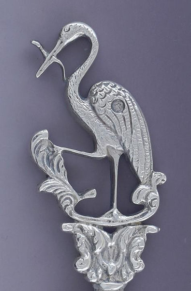 Antique 1909 Dutch Silver Art Nouveau Stork Newborn Baby Theme Serving Spoon