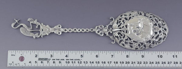 Antique 1909 Dutch Silver Art Nouveau Stork Newborn Baby Theme Serving Spoon