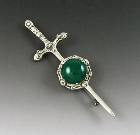 Scottish Sterling Silver Chrysoprase Robert Allison Sword Claymore Pin Brooch