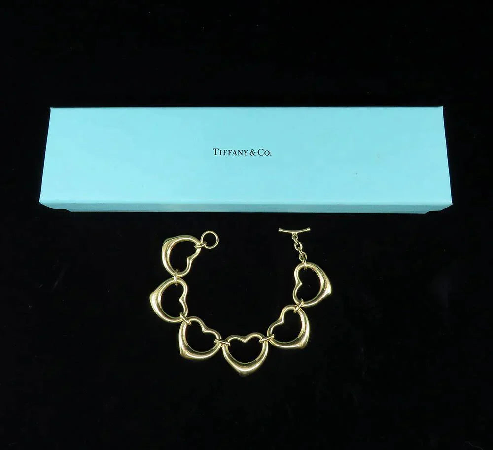 Tiffany & Co 18K Yellow Gold Elsa Peretti Open Heart Link Bracelet w/ Box