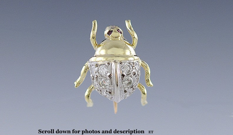 Cute 14K White & Yellow Gold Diamond-Studded Ladybug/Beetle Pin Brooch