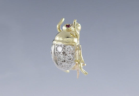Cute 14K White & Yellow Gold Diamond-Studded Ladybug/Beetle Pin Brooch