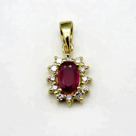 Sweet 18K Yellow Gold 12 Diamond Lab Created Ruby Necklace Pendant