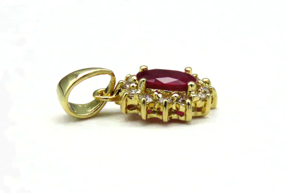 Sweet 18K Yellow Gold 12 Diamond Lab Created Ruby Necklace Pendant