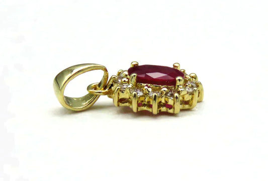 Sweet 18K Yellow Gold 12 Diamond Lab Created Ruby Necklace Pendant