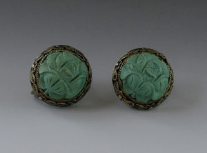 Lovely Pair c1920s Chinese Silver Filigree Hand Carved Turquoise Lotus Earrings