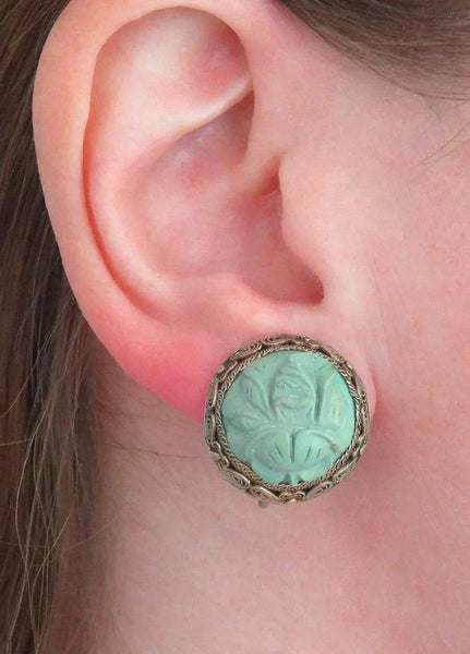 Lovely Pair c1920s Chinese Silver Filigree Hand Carved Turquoise Lotus Earrings