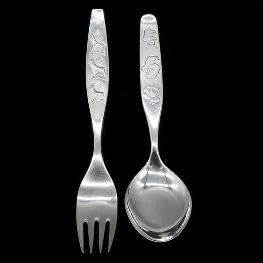 Vintage Norwegian Silver Ibex/Goat Bear Youth Child Fork Spoon Flatware Set